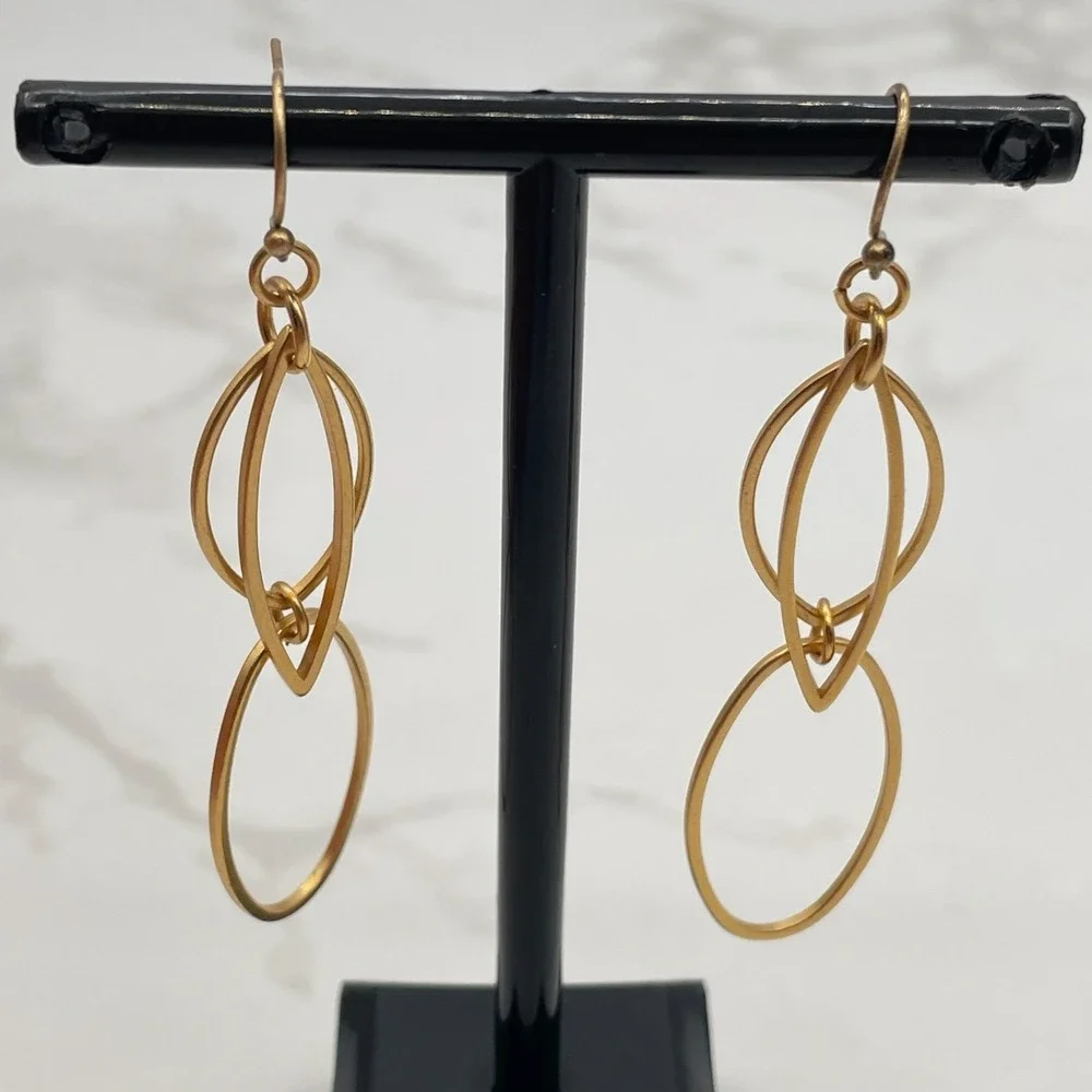 Vintage Gold Tone Geometric Marquise Link Dangle Drop Earrings Oval For‎ Women